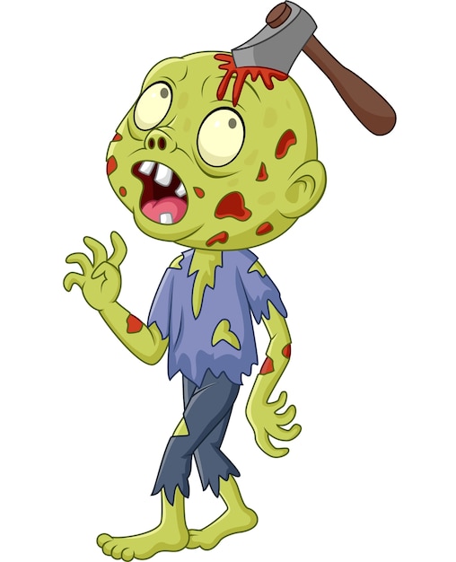 Zombie de dibujos animados con hacha en su cabeza