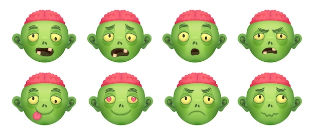 Zombie emoji Dibujos animados zombies avatares cabeza cómica con cerebro emoticon cara muerta logo espeluznante miedo halloween monstruo disfraz fiesta caricatura iconos ingenioso vector ilustración