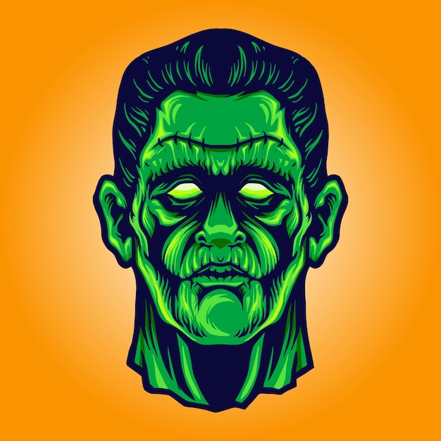 Zombie Frankenstein Face Halloween Ilustraciones vectoriales para su trabajo Logotipo, camiseta de merchandising de mascota, diseños de pegatinas y etiquetas, carteles, tarjetas de felicitación publicitarias de empresas comerciales o marcas.