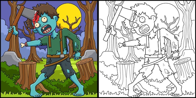 Zombie con un hacha en la cabeza Ilustración para colorear