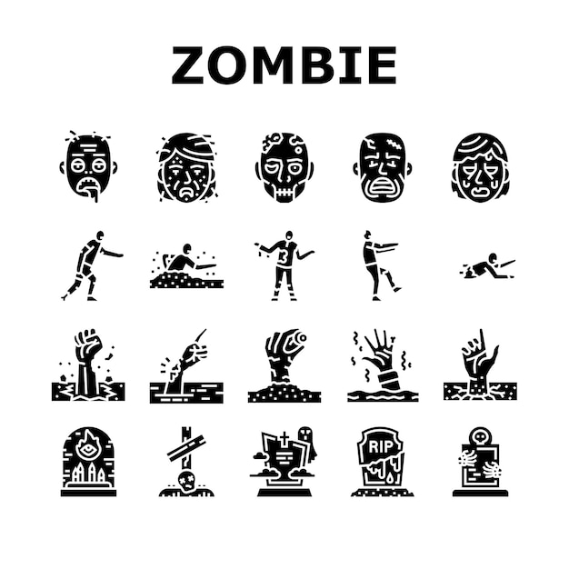 Zombie horror miedo muertos malvados iconos conjunto vector