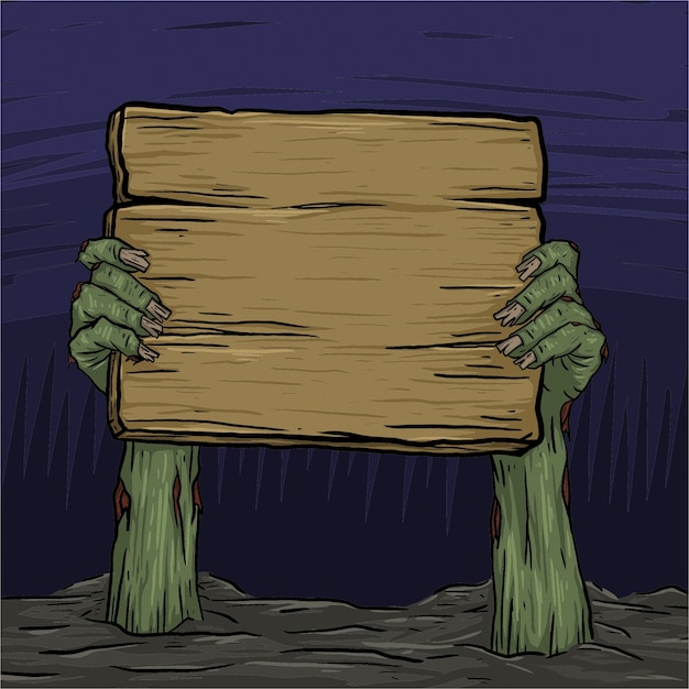 Vector zombie mano levantada de la tierra con tablero de madera. listo para agregar todo tipo de texto