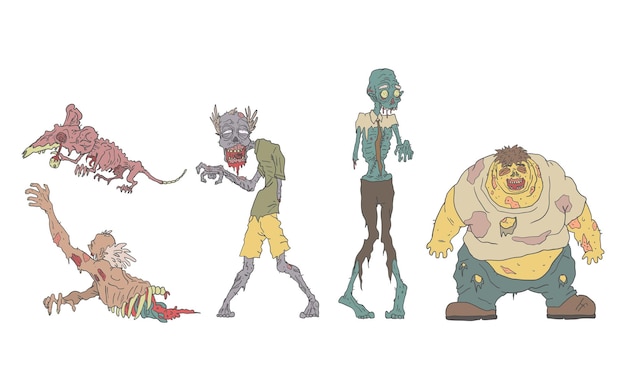 Vector zombies en descomposición conjunto de personas y animales no muertos ilustración vectorial del apocalipsis de zombies