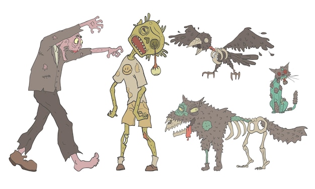 Vector zombies set decaying undead gente y animales ilustración vectorial del apocalipsis de zombies