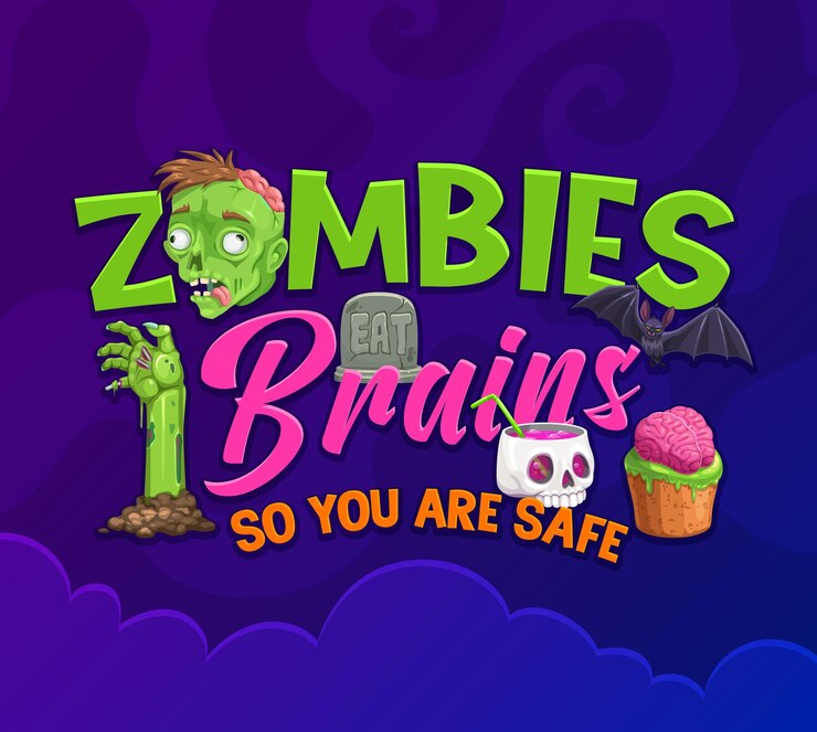 Vector los zombis comen cerebros para que estés a salvo cita de halloween vector dicho divertido con dibujos animados pegando la copa del cráneo de la mano con un muffin espeluznante de murciélago de cóctel y una lápida sin miedo a los zombis hambrientos de cerebro