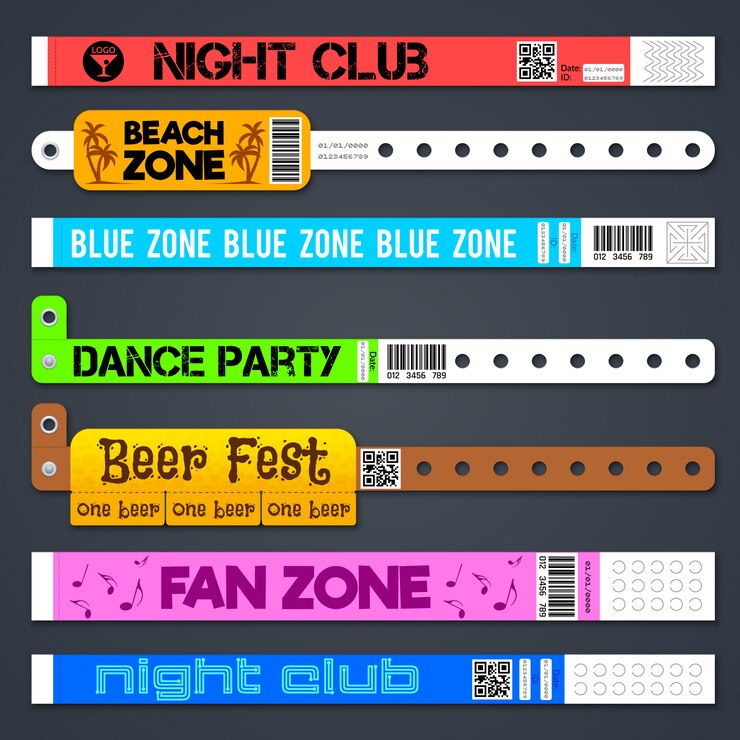 Vector zona de entrada de pulseras de aislamientos. vector de concierto o hotel en pulseras de plástico. pulsera para mano, brazalete de entrada y admitir ilustración.
