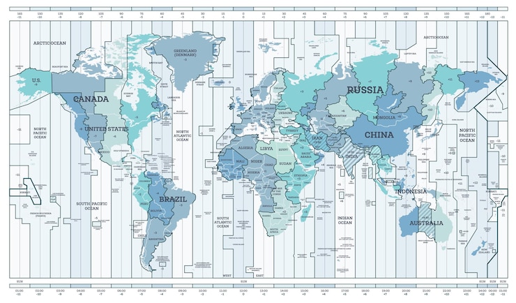 Vector zona horaria mapa azul mapa mundial detallado con nombres de países