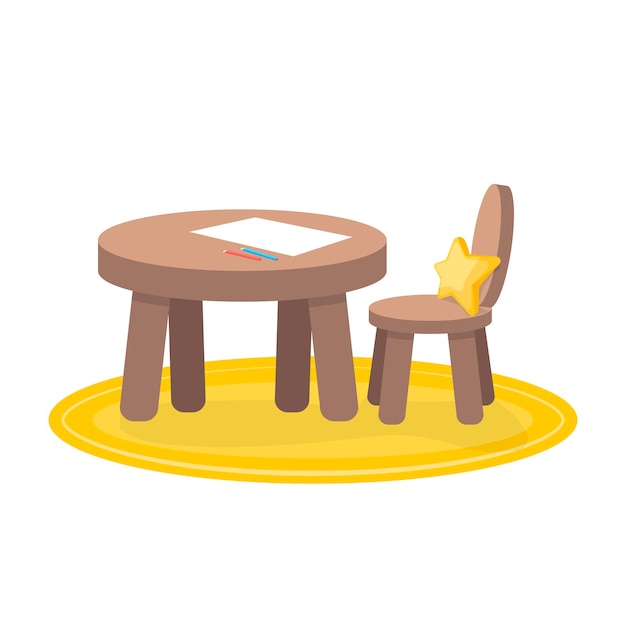 Zona infantil, mesita y silla para pintar, creatividad infantil. Ilustración aislada sobre un fondo blanco.