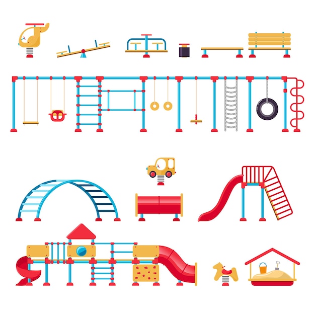 Zona de juegos para niños. Conjunto de elementos de equipo de juego. Concepto de parque de la ciudad. Ilustración vectorial