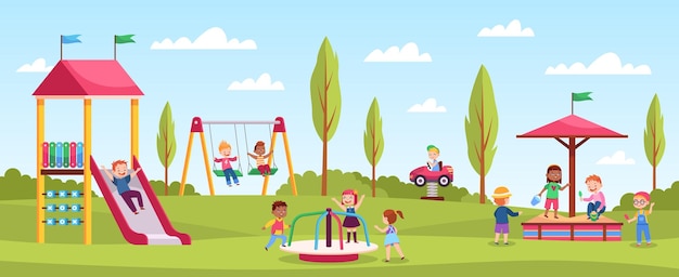 Zona de juegos para niños jugando las niñas y los niños felices juegan en el área de juegos actividades al aire libre juegos de jardín de infantes divertidos paseos en color área de juegos con tobogán y columpio concepto de dibujos animados vectoriales