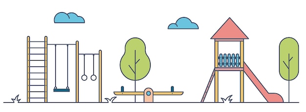 Zona de juegos para niños. Paisaje de parque con columpio, banco y tobogán.