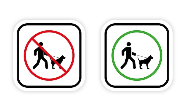 Zona de prohibición para caminar perro icono de silueta negra hombre y mascota con correa caminar pictograma prohibido