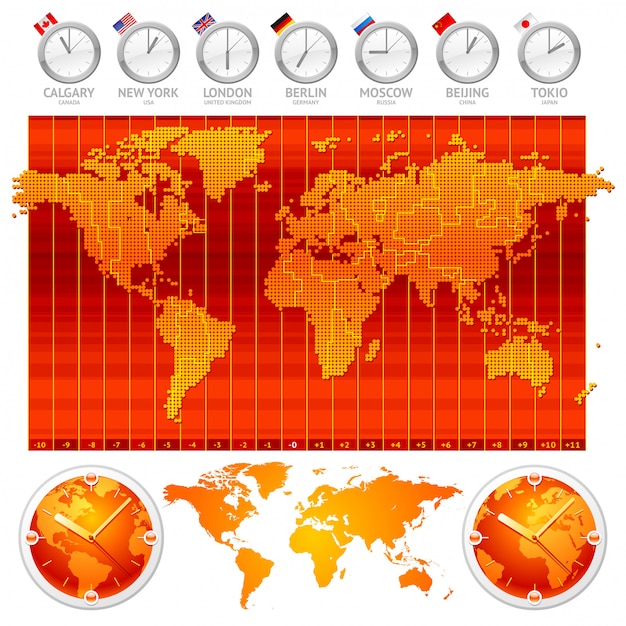 Vector zonas horarias y reloj con banderas de países