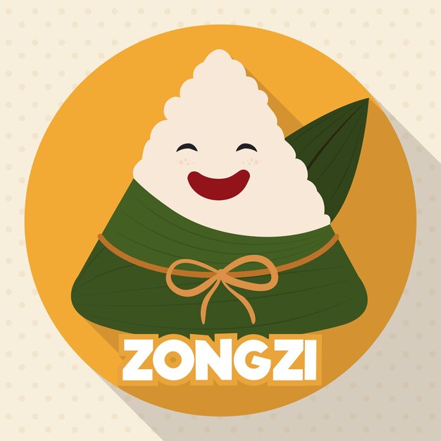 Zongzi tradicional sonriente del Festival Duanwu en estilo plano y sombra larga