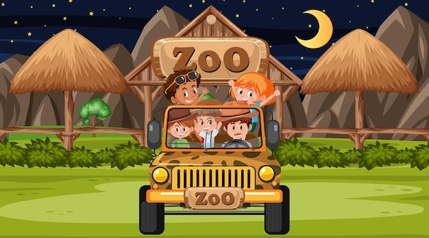 Zoológico en escena nocturna con muchos niños en un coche jeep.