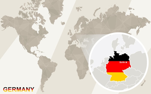 Zoom en el mapa y la bandera de alemania. mapa del mundo.