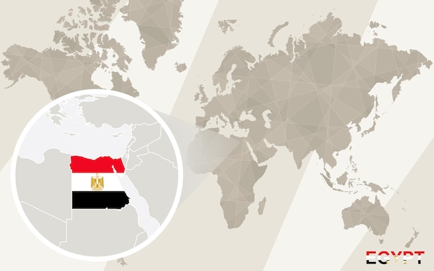 Vector zoom en el mapa y la bandera de egipto. mapa del mundo.