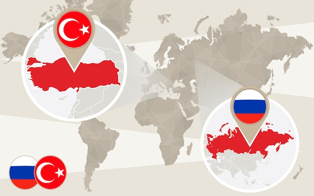 Vector zoom del mapa mundial en turquía, rusia. conflicto. mapa de turquía con bandera. mapa de rusia con bandera. ilustración de vector.