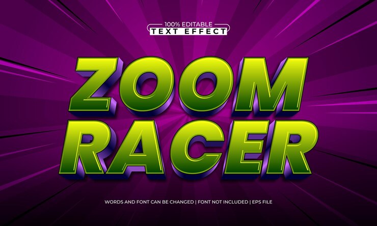 Vector zoom racer efecto de texto editable con un estilo de texto de velocidad y carrera