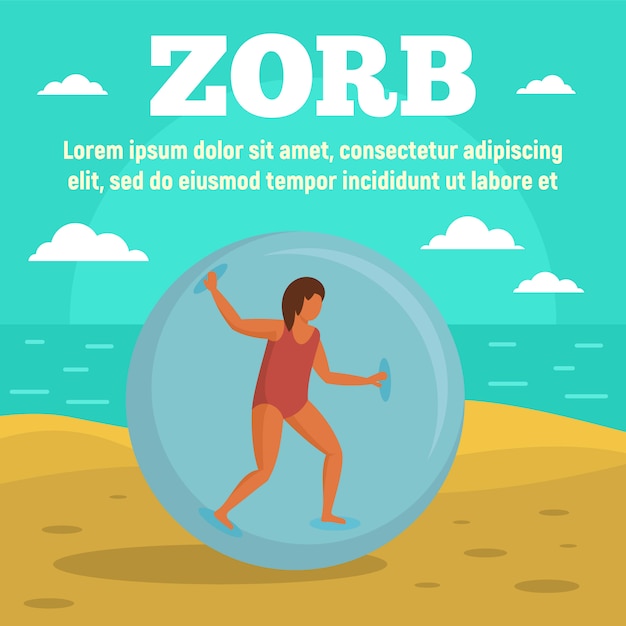 Zorb en plantilla de banner de concepto de playa, estilo plano