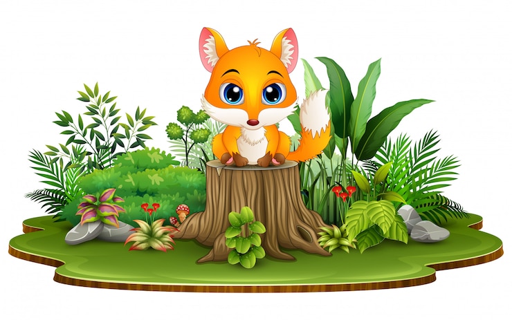Vector zorro de bebé feliz de dibujos animados sentado en un tocón de árbol con plantas verdes