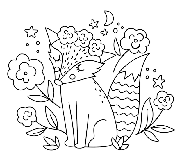 Zorro bohemio vectorial con flores en la cabeza Animal blanco y negro del bosque aislado sobre fondo blanco Composición de la línea floral del bosque bohemio Bosque para colorear pagexA