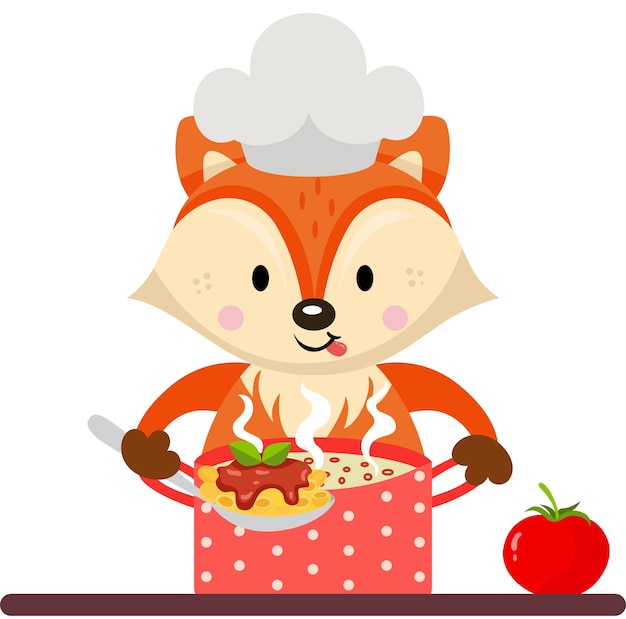 El zorro en la cocina con una sartén en la estufa