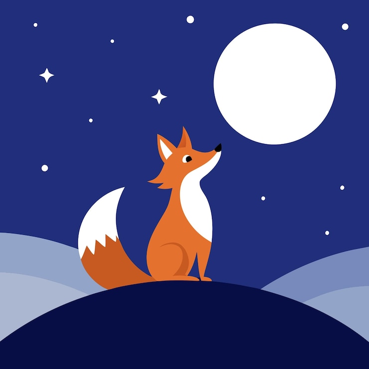 Vector un zorro está sentado en una colina y la luna está en el fondo