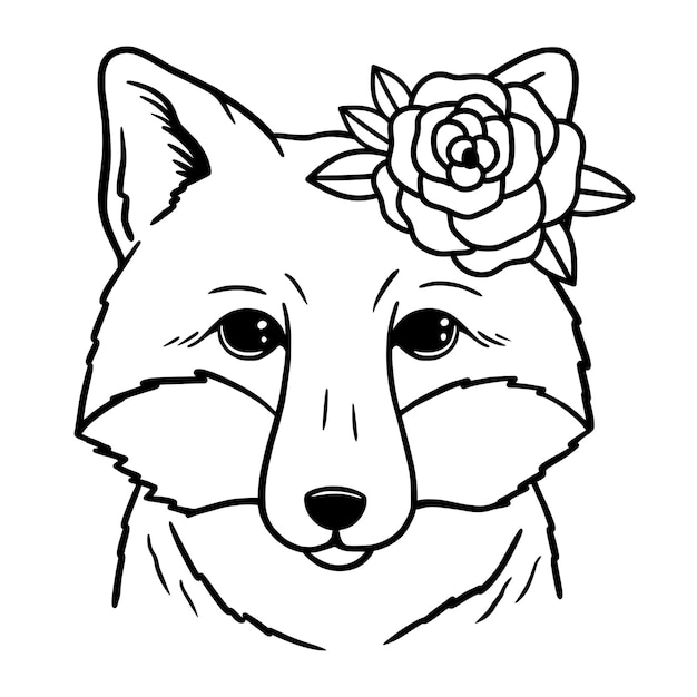 Zorro lindo con rosa Zorro floral Line Art Fox boceto ilustración vectorial sobre fondo blanco