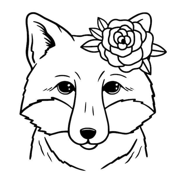 Zorro lindo con rosa zorro floral line art fox boceto ilustración vectorial sobre fondo blanco