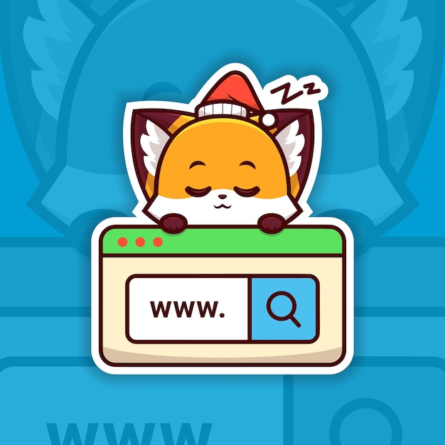 El zorro de Navidad durmiente sosteniendo una búsqueda en la web Icon Sticker Diseño Vector pegatina para desarrollador web