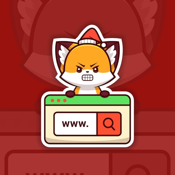 Vector el zorro de navidad enojado sosteniendo un pegatino de icono de búsqueda en la web diseño de pegatina de desarrollador web vectorial