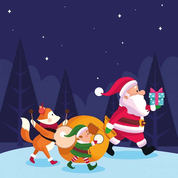 Zorro navideño con ayudante de santa claus y santas con instrumentos musicales y cajas de regalo