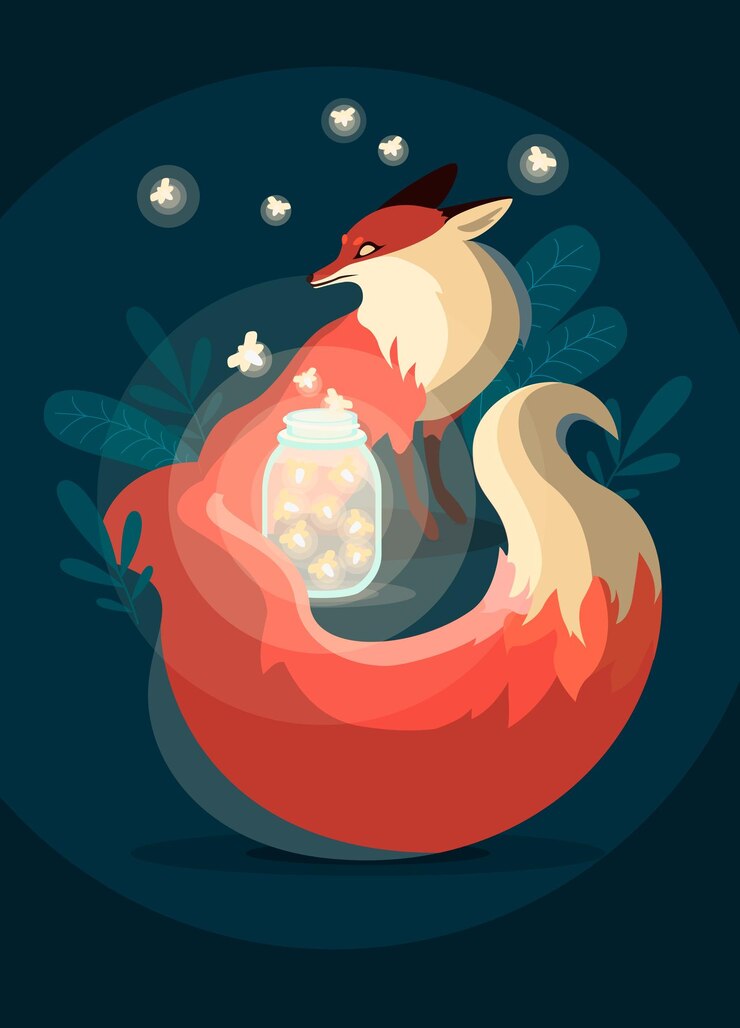 Vector el zorro por la noche cerca de un frasco de luciérnagas ilustración vectorial