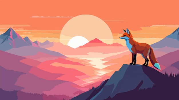 El zorro de pie en la cima de una montaña ilustración vectorial 2d