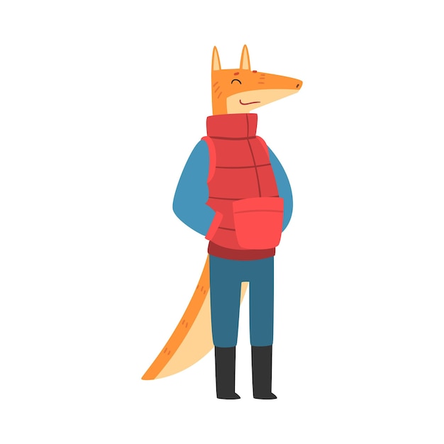 Zorro con ropa de invierno cálida Animal de bosque humanizado Personaje de dibujos animados Ilustración vectorial