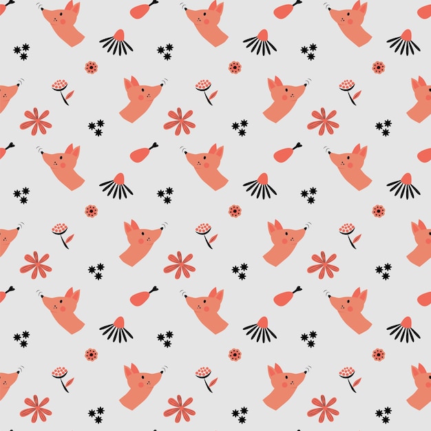 Zorro rosa de patrones sin fisuras con flores y pierna de pollo sobre un fondo gris