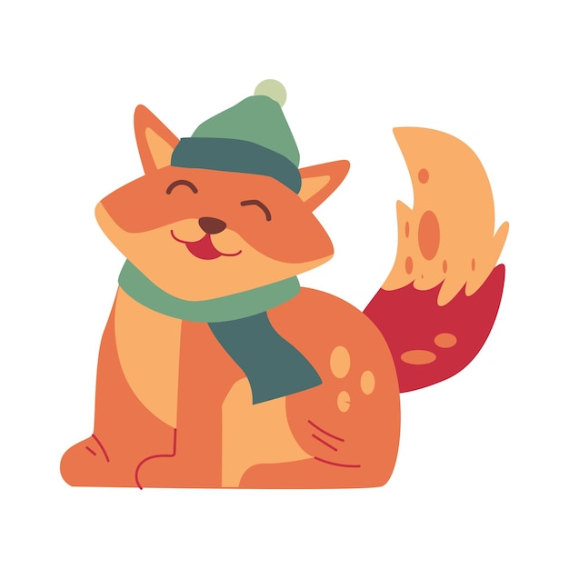 zorro sonriente feliz con bufanda y sombrero de invierno en el diseño de ilustración de personajes vectoriales de la temporada de invierno