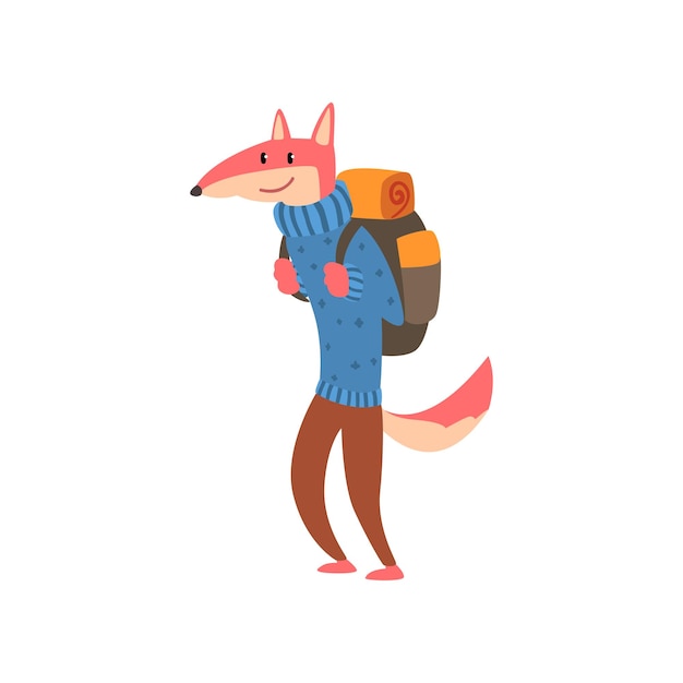 Zorro, viajar, con, mochila, lindo, caricatura, animal, teniendo, senderismo, aventura, viaje, o, viaje de campamento, vector, ilustración, aislado, en, un, fondo blanco