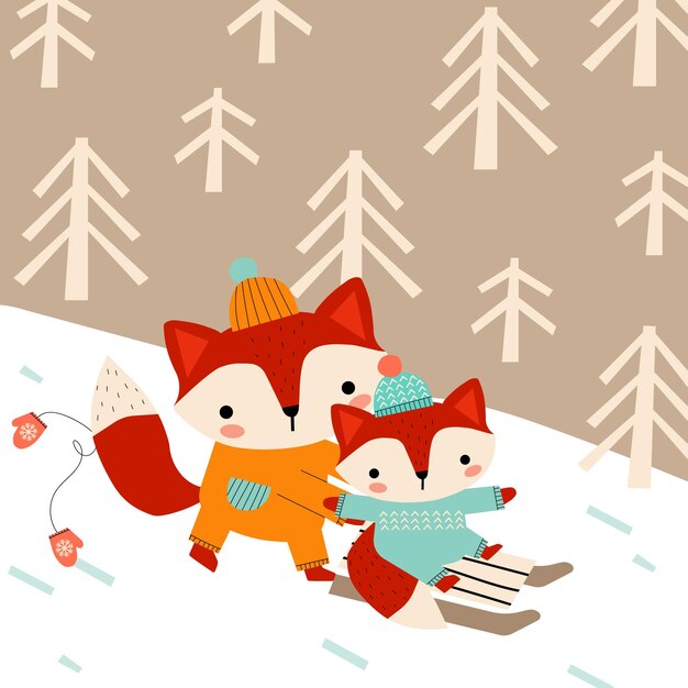 Los zorros divertidos en trineo los personajes de dibujos animados de Navidad ilustrados por vectores