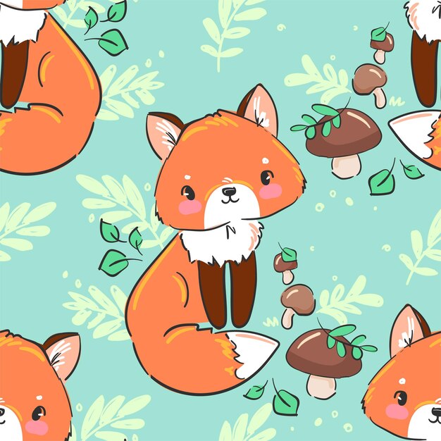 Zorros y setas dibujados a mano Woodland Seamless Pattern Childrens Print para camiseta Vector