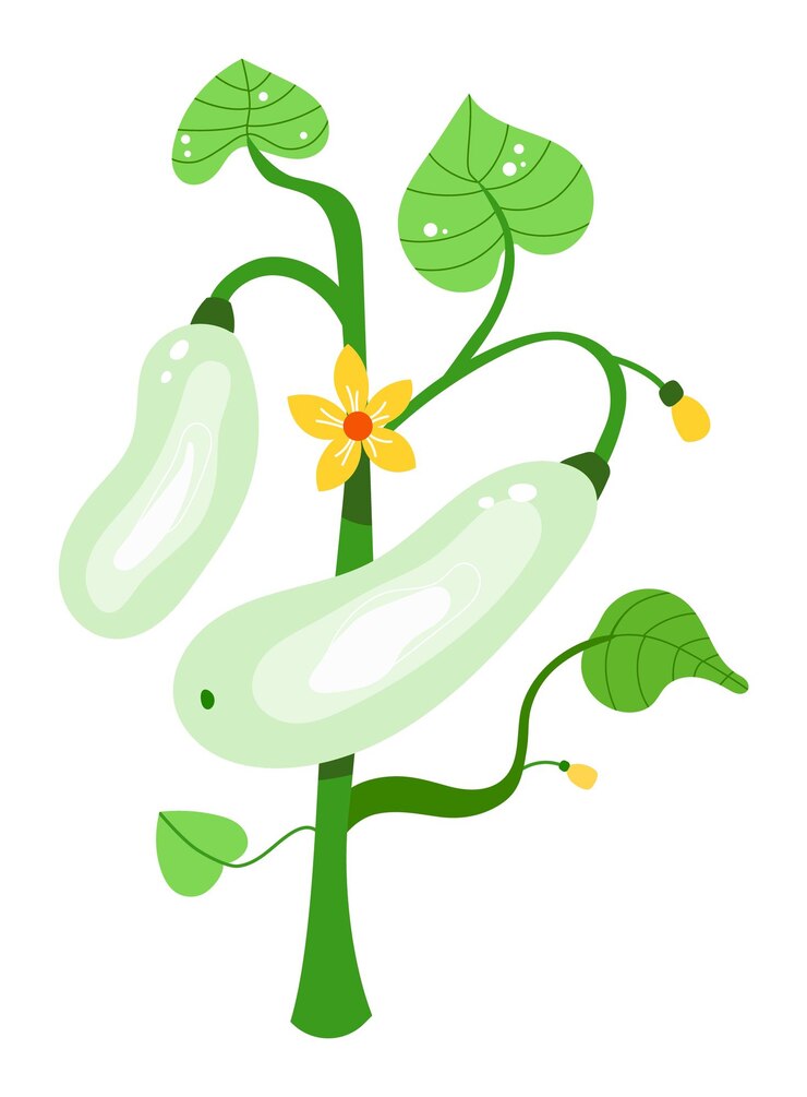 Vector zucchini de dibujos animados de plantas estilizadas que crecen hojas de flores zucchini verde verdura orgánica