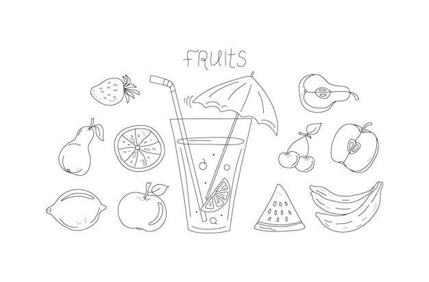 Zumo en vaso cóctel de frutas Conjunto de frutas abstractas Frutas jugosas enteras y en rodajas Alimentos y bebidas Dibujos abstractos de frutas y bayas Bar de playa Iconos de líneas Escribir ilustración vectorial