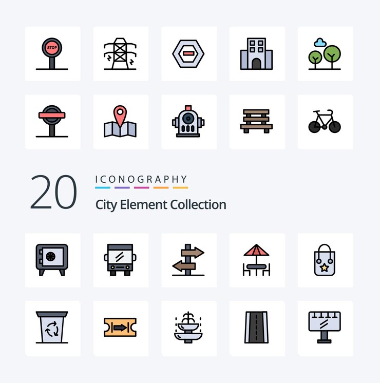 Vector Gratis 20 city element collection line filled color icon pack like journey bag sign handbag furniture