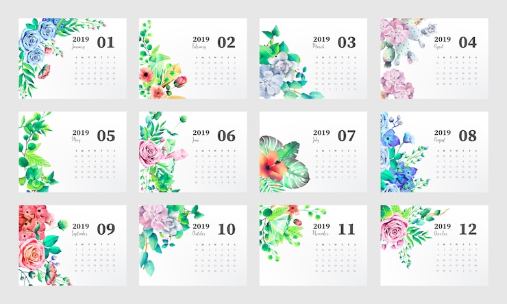 Vector Gratis 2019 calendar template with beautiful watercolor flowers