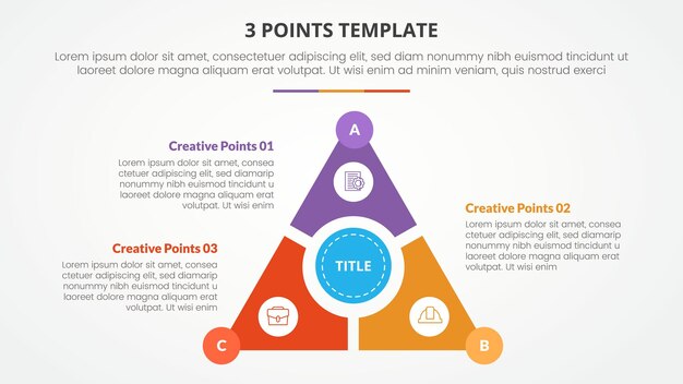 3 points stage template infographic concept for slide presentation with triangle cycle circular on center with slice and circle center with 3 point list with flat style