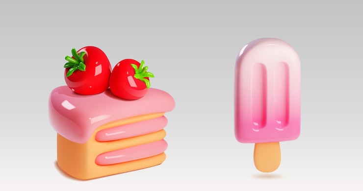 Vector Gratis 3d vector cake dessert food icon and ice cream illustration sweet snack for party with strawberry valentine bakery for anniversary date gift with melted glaze and red berry fruit decoration