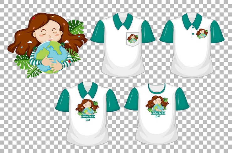 Vector Gratis a girl hugs the earth logo and set of white shirt with green short sleeves isolated on transparent background