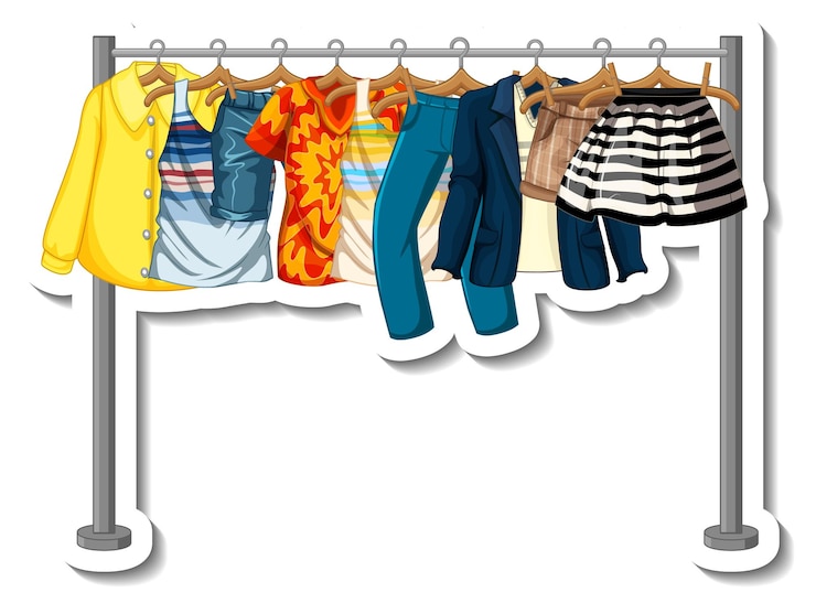 Vector Gratis a sticker template of clothes racks with many clothes on hangers on white background