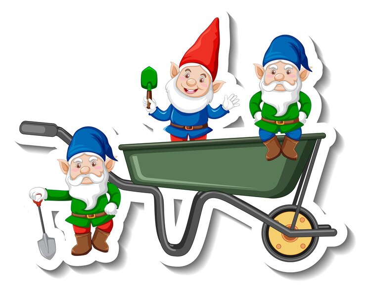 Vector Gratis a sticker template with garden gnomes or dwarfs in wheelbarrow